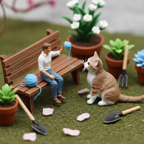 Miniature Garden Scene with Kitten and Yarn
