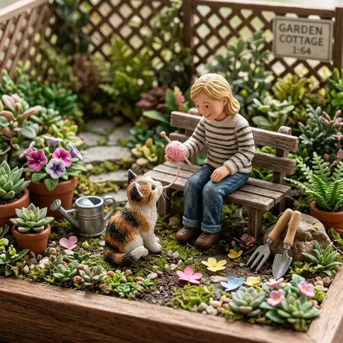 Miniature Garden Scene with Kitten and Yarn