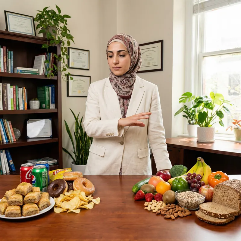 Middle-Eastern Female Nutritionist Choosing Between Fatty and Healthy Foods in Her Office Middle-Eastern Female Nutritionist Choosing Between Fatty and Healthy Foods in Her Office