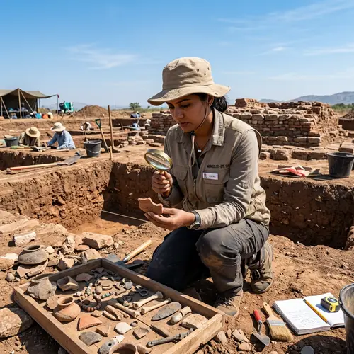South Asian Female Archeologist Examining Artefacts | Excavation Scene