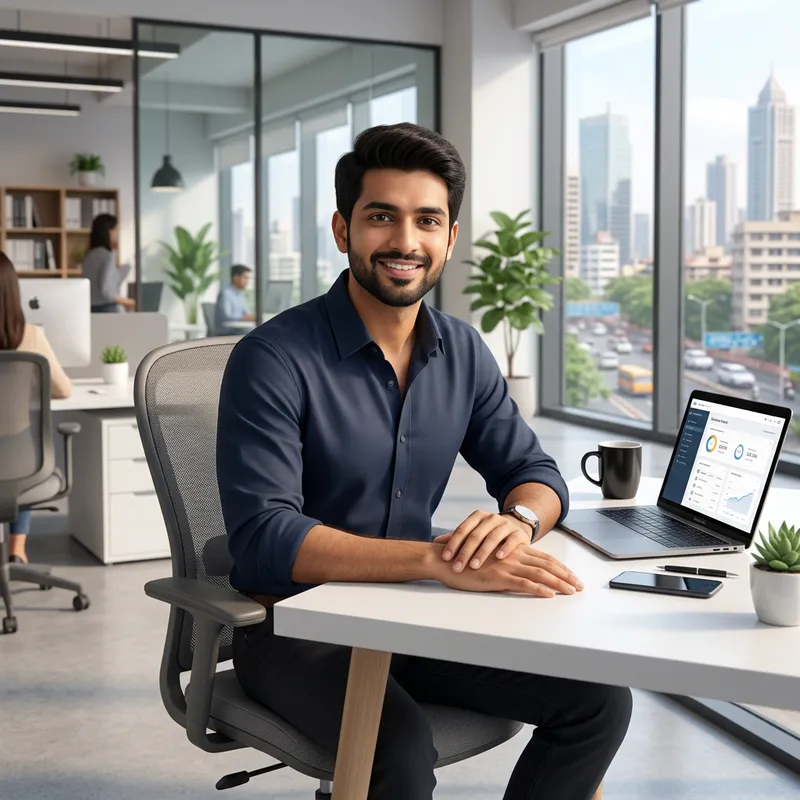 Modern Indian Man Sitting at White Desk Pose for Camera