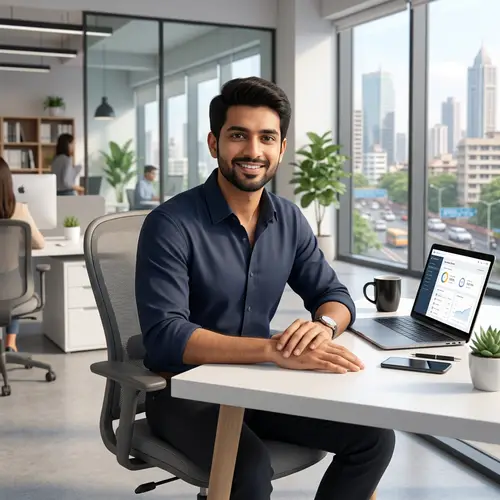 Modern Indian Man Sitting at White Desk