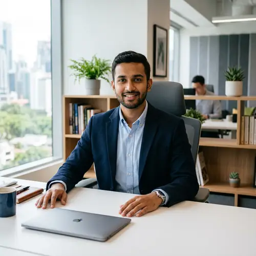 South-Asian Man Seated at Contemporary White Desk