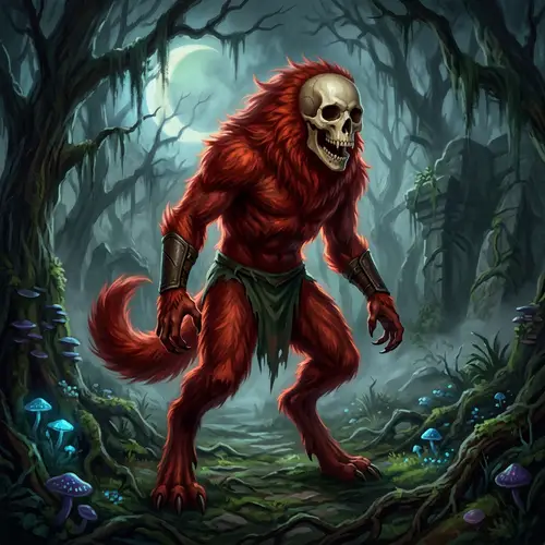 Surreal Red Furry Creature with Eerie Skull | Fantasy & Horror