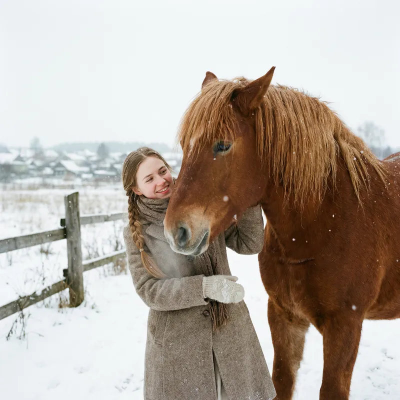 Young Woman Riding Horse in Snowy Field