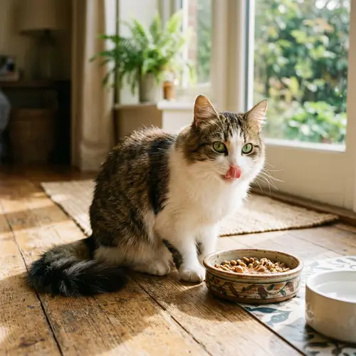 Adorable Domestic Short-Haired Cat Enjoying Meal | Green-Eyed Cutie