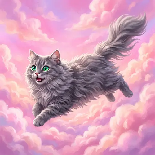 Flying Gray Cat in Pink Sky | Magical Flight Joy