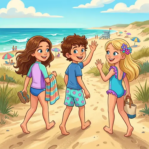Cartoon Children Leaving Beach | Fun Illustration