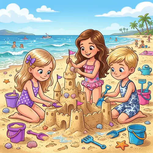Cartoon Children Building Sandcastles at Beach
