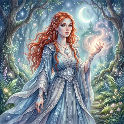 Mystical Red-Haired Eladrin Moon Sorceress Artwork