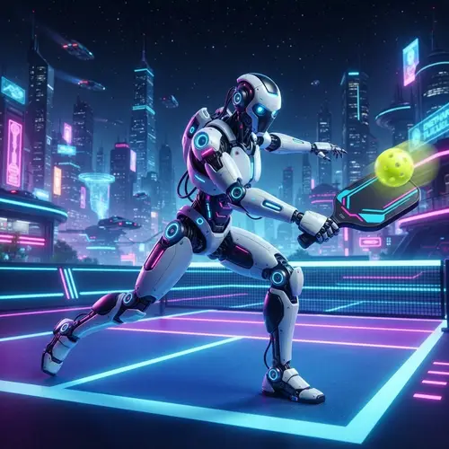 Futuristic Robot Playing Pickleball at Night