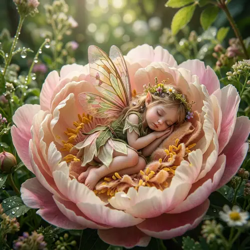 Enchanting Fairy Curled Up in a Flower