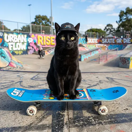 Adventurous Black Cat Skateboarding | Skate Park Scene