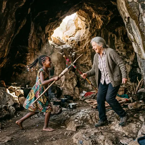 Playful Mock Battle in Rugged Stone Cave | Age-Defying Fun