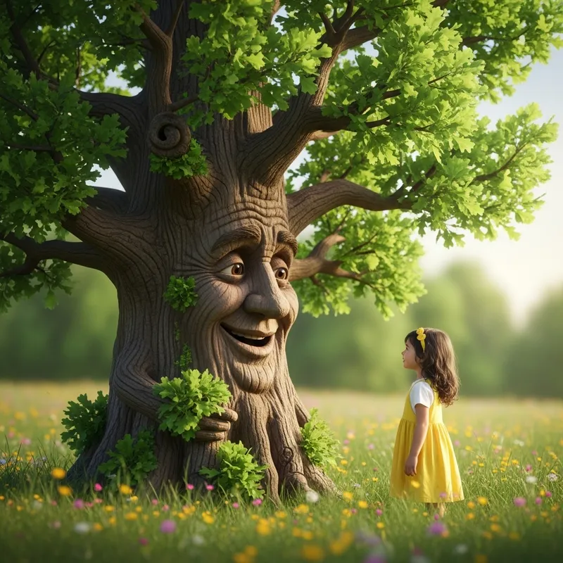 Friendly Tree Talking to a Little Girl