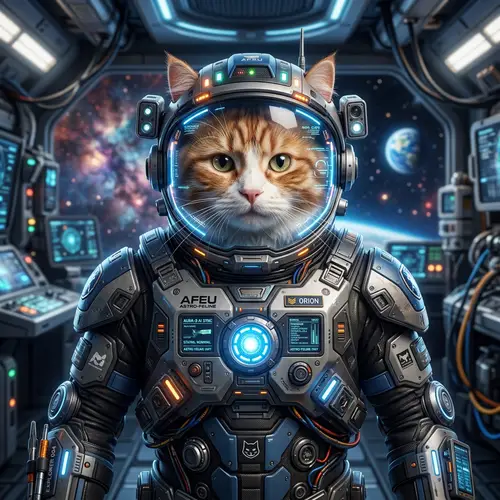 Cyborg Cat in Robotic Spacesuit