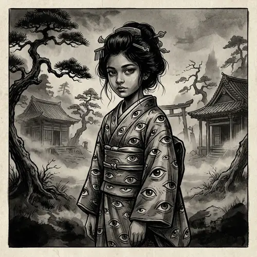 Eerie Japanese-Style Illustration of a Ghostly South Asian Girl