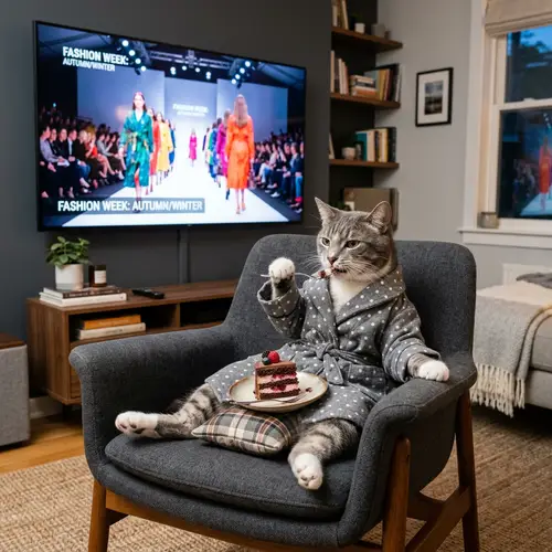 Modern Room with Stylish Cat Watching Fashion Show