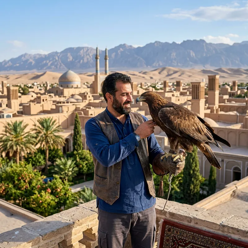Eagle and Man Embrace in Yazd's Historic Beauty