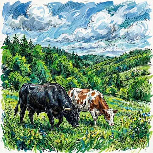 Majestic Bull and Gentle Cow in Nature Scene