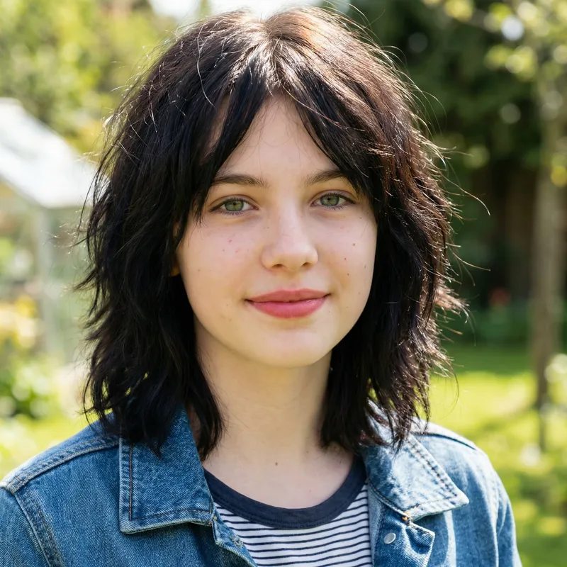 Stunning 15-Year-Old Girl with Wolf-Cut Hair, Green Eyes
