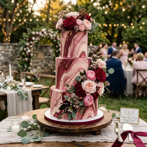 Stunning Burgundy & Pink Marble Wedding Cake