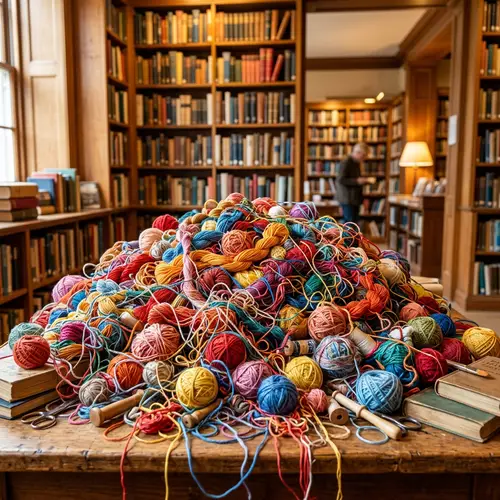 Tangled Threads: A Colorful Library Scene