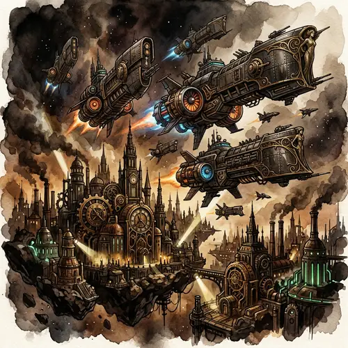 Futuristic Military Spaceships in Steampunk City