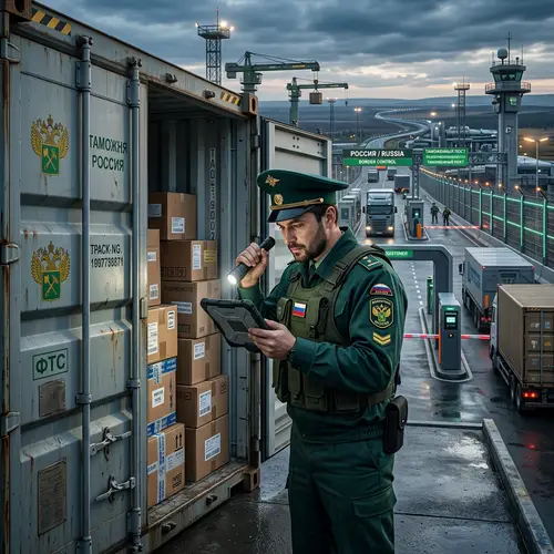 Futuristic Russian Customs Officer Inspecting Container