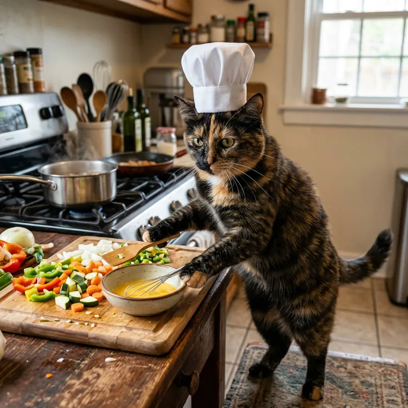 Tortoiseshell Cat Chef - Cooking Up Delightful Dishes Tortoiseshell Cat Chef - Cooking Up Delightful Dishes