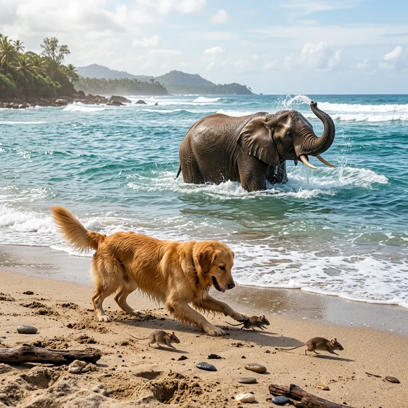 Playful Dog Playing with Mice and Elephant Bathing in the Sea Playful Dog Playing with Mice and Elephant Bathing in the Sea
