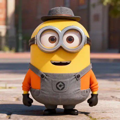Minion in Grey Overalls and Orange Long Sleeve Shirt
