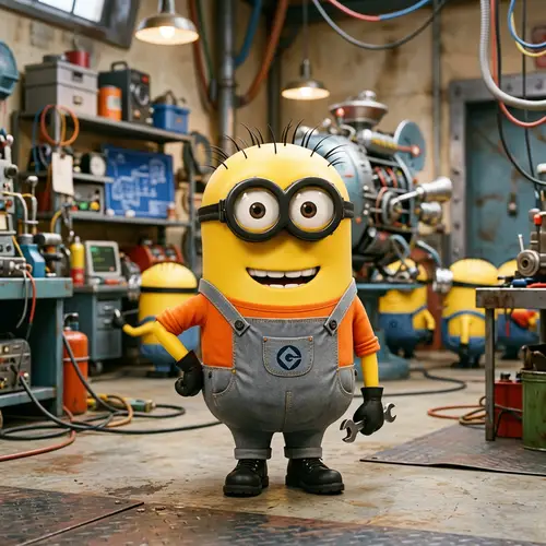 Minion in Grey Overalls and Orange Long Sleeve Shirt