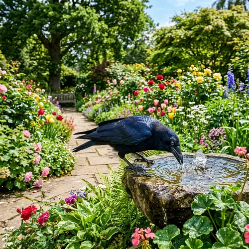 Lush Green Garden Scene with Crow and Colorful Flowers