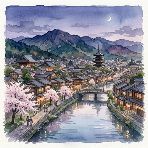 Serene Watercolor Painting of Kyoto Cityscape | Japanese Aesthetic