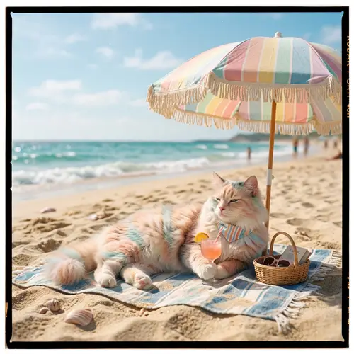 Serene Beach Scene with Captivating Feline | Coastal Idyll
