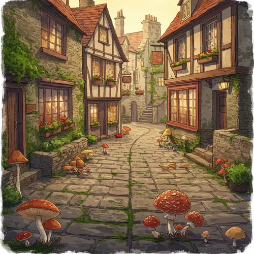 Charming Village Center with Mushrooms