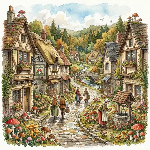Charming Village Center with Mushrooms