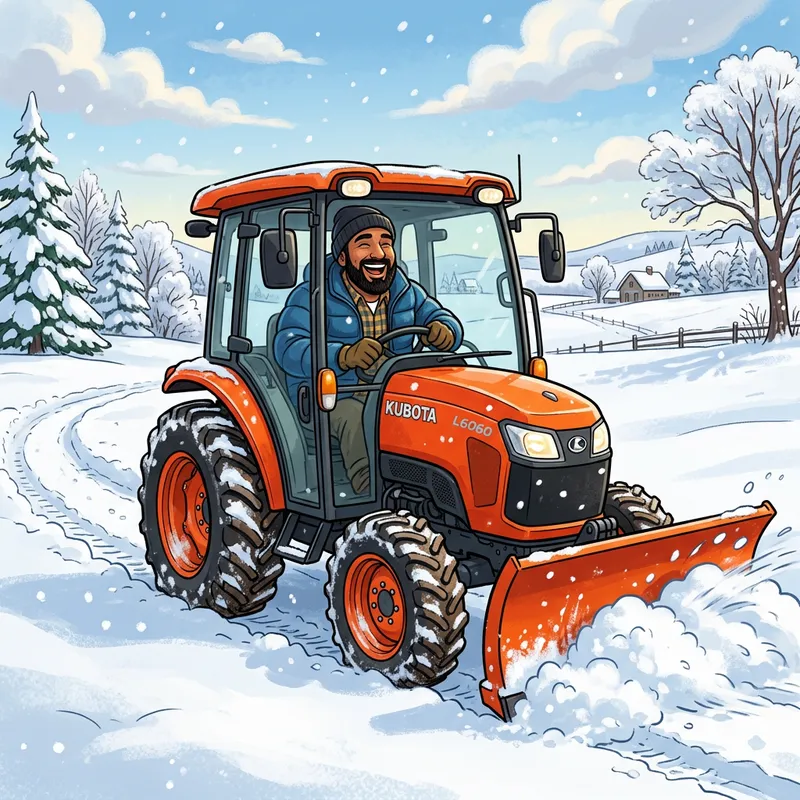 Joyous Man on Kubota Cab Tractor Snowplow Cartoons