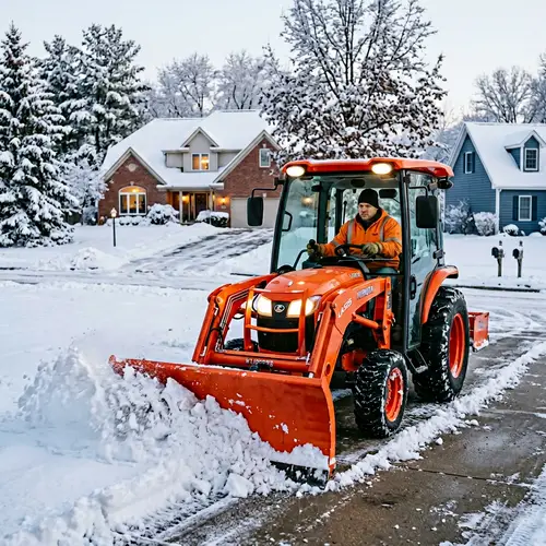 Cheerful Man Operating Kubota Tractor with Snowplow for Driveway Plowing