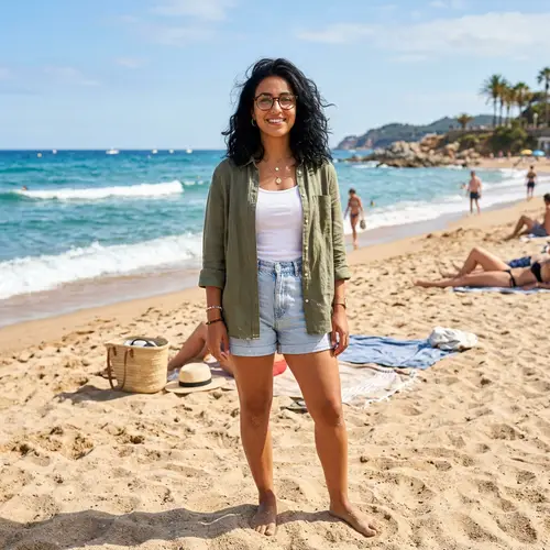 Middle Eastern Woman on Sunny Beach | Casual Attire