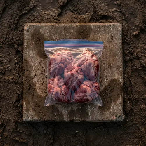 Real Hearts in Zip Lock Bag on Step: Evening Scene