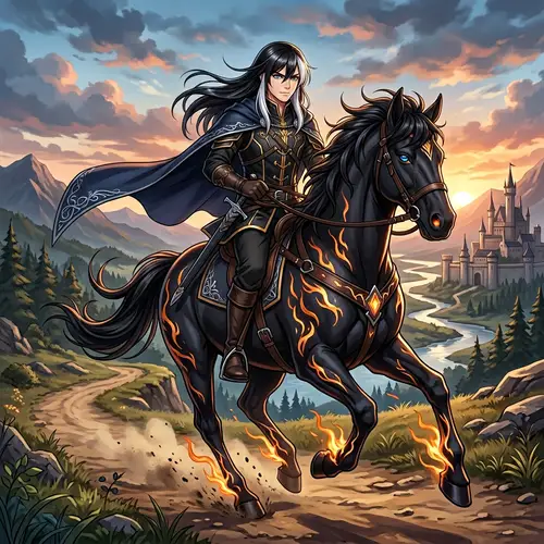 Male Anime Character with Striking Hairstyle Riding Black Horse