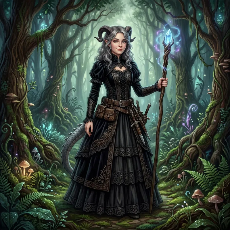 Enchanting Tiefling Sorceress in Gothic Garb | Mystical Forest Fantasy Art