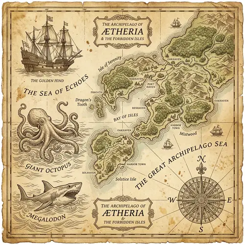 Vintage-Style Hand-Drawn Map of Imagined Archipelago