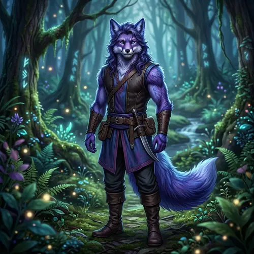 Male Fox Demi-Human with Blue and Purple Fur