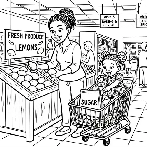 African American Toddler Girl & Mother Grocery Store Coloring Page