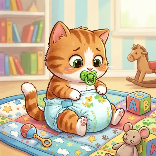 Cute Cartoon Kitten in Diapers: Fun & Playful Illustration