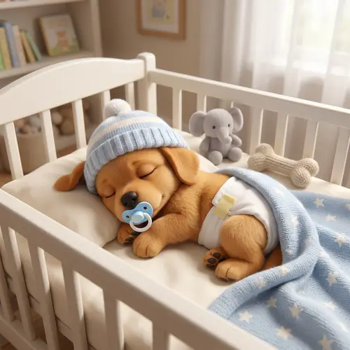 Animated Newborn Cartoon Puppy Sleeping in Crib