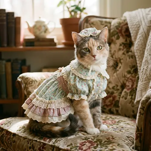 Charming Domestic Cat in Pastel Dress | Unique and Whimsical